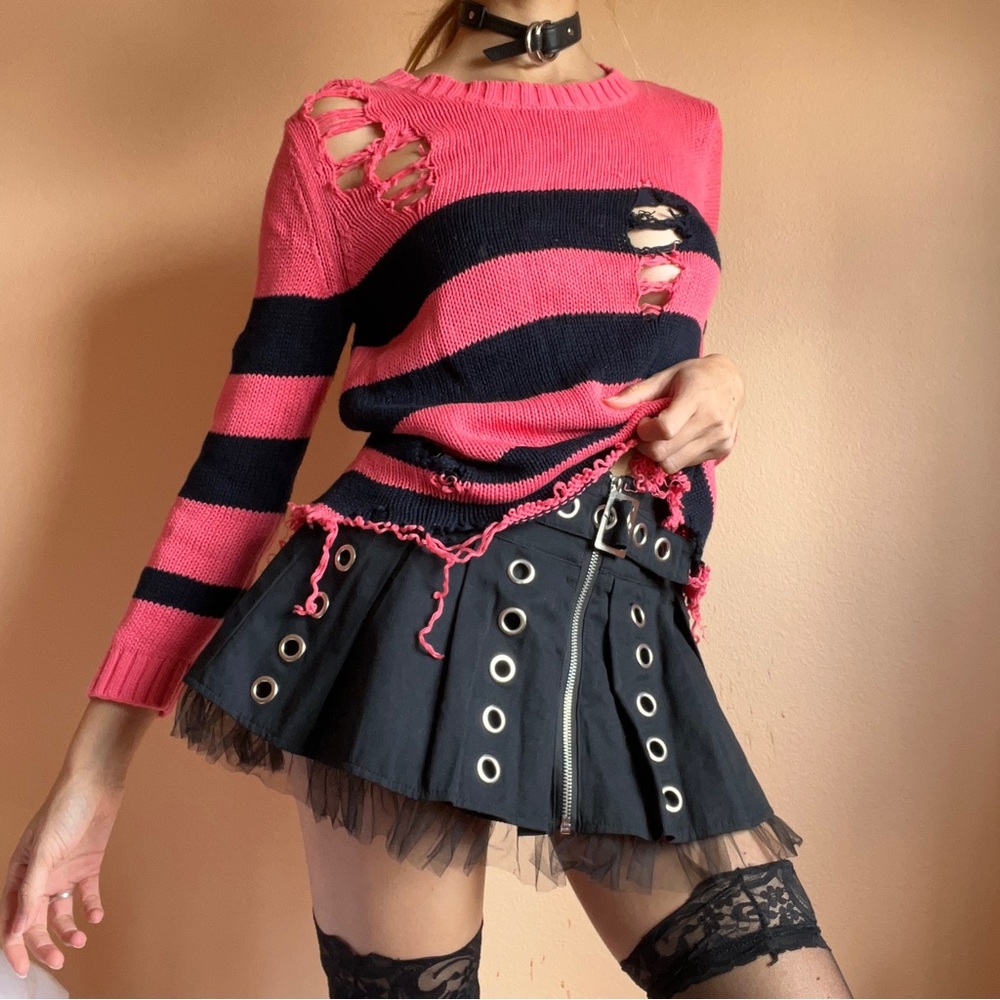 SOLD Distressed Striped Sweater Blue / Pink Dolls Kill Punk Goth Ripped Knit